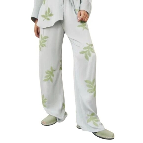 Zara Pants - Zara Blue Satin Leaf Beaded Drawstring Waistband Wide Leg Pants